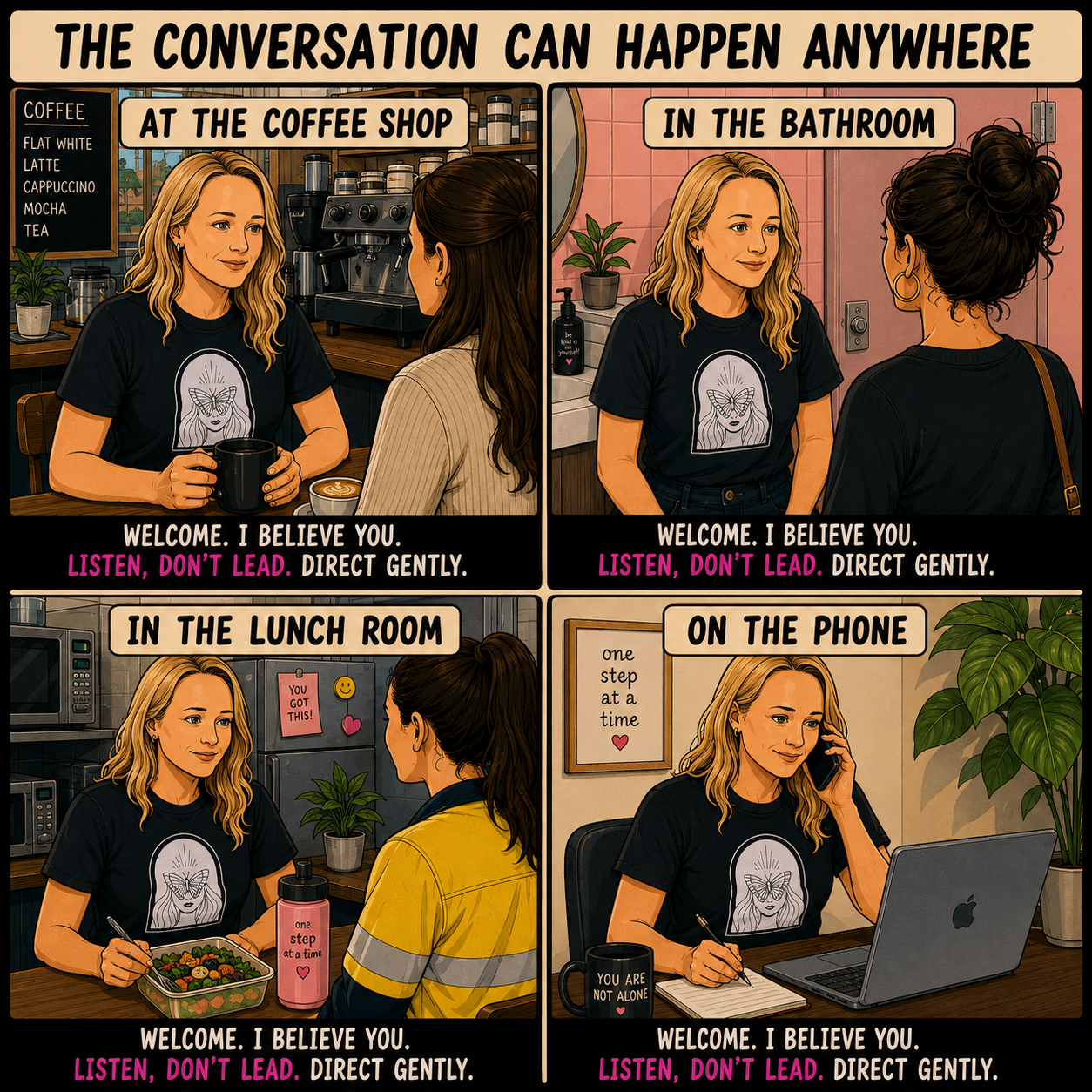 The conversation can happen anywhere: at the coffee shop, in the bathroom, in the lunch room, on the phone